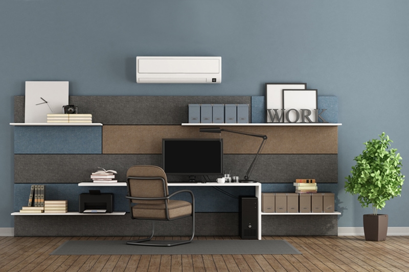 Blue and brown modern office with fabric paneling with shelves and desk - 3d rendering