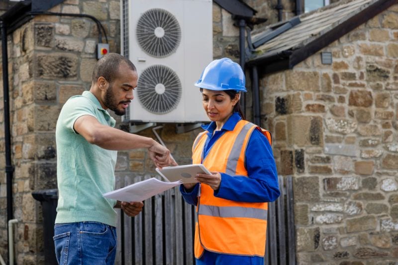 What is a Heat Pump? - Man and Woman Builder converse with Heat Pump in the Background.